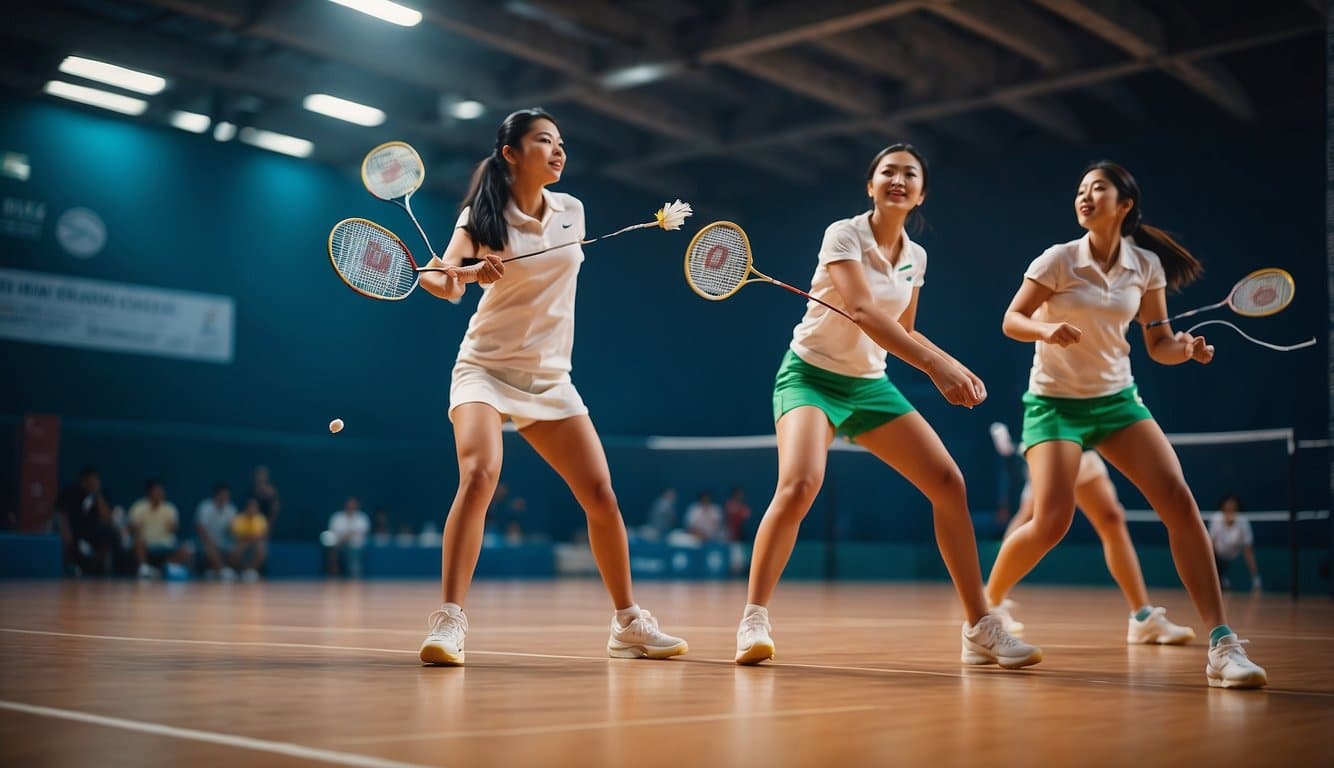 Women playing badminton in a vibrant court, with shuttlecocks flying and rackets swinging