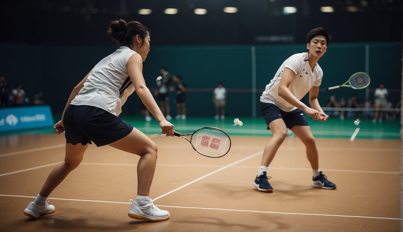 Two badminton players avoiding injuries during a game