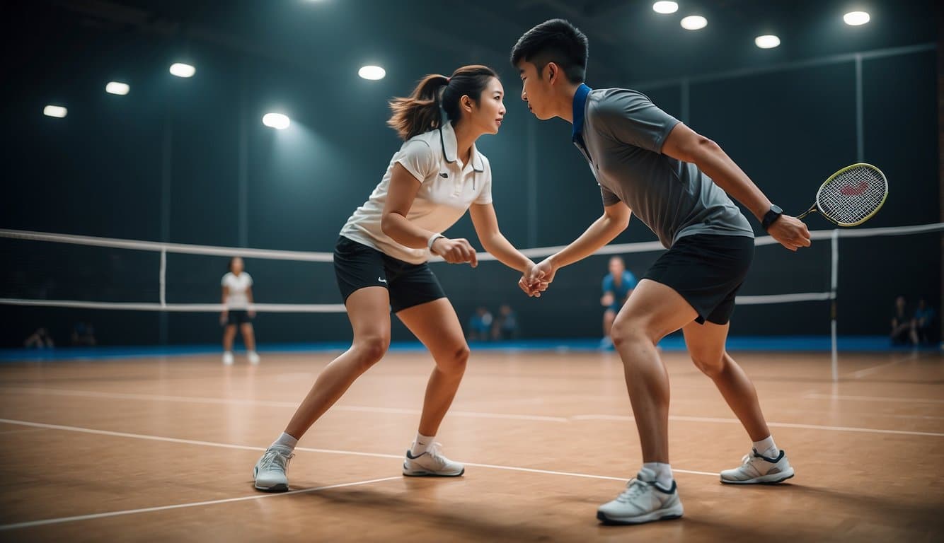 Two badminton players practicing and improving their techniques on the court