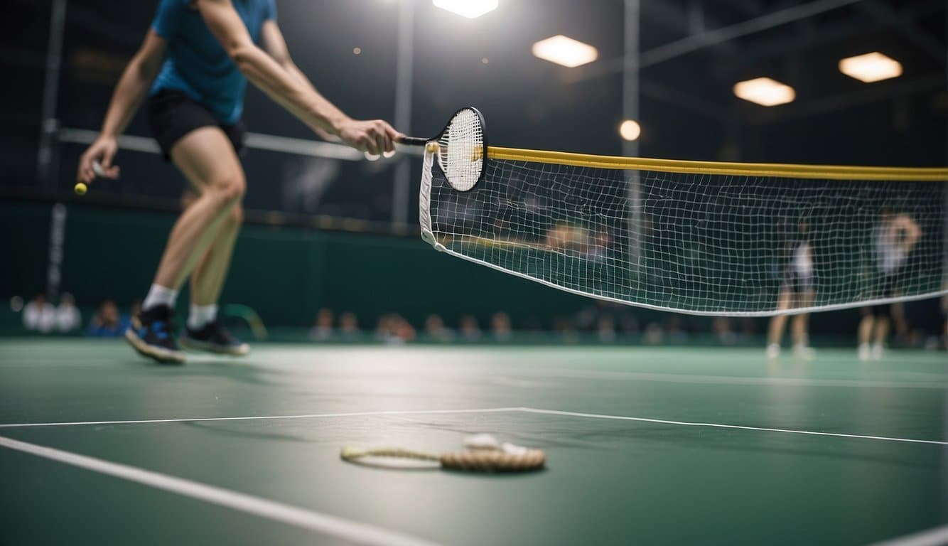 Players on a badminton court in Germany, with a net dividing the space. The players are hitting the shuttlecock back and forth with their rackets