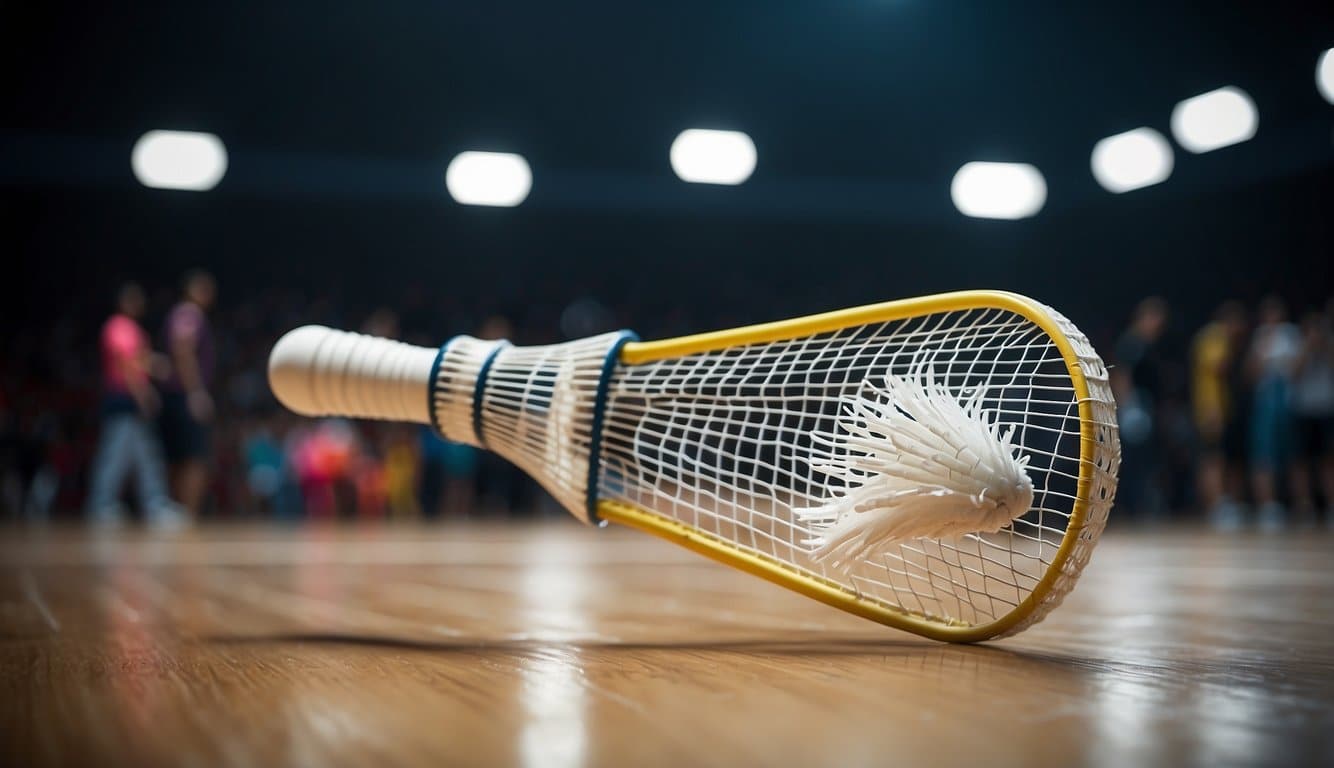 A badminton shuttlecock flies across a court while players engage in endurance training