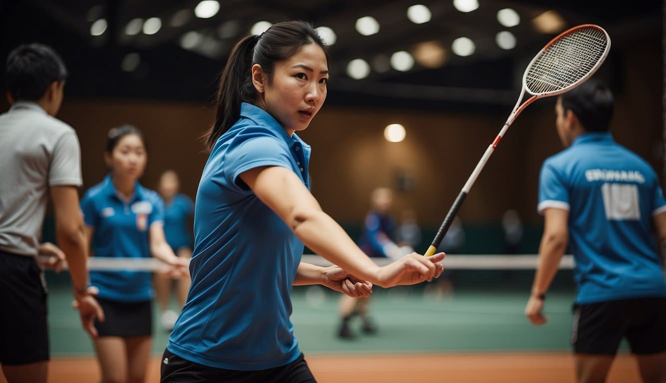 Players demonstrate various badminton grip techniques with rackets and shuttlecocks on a court