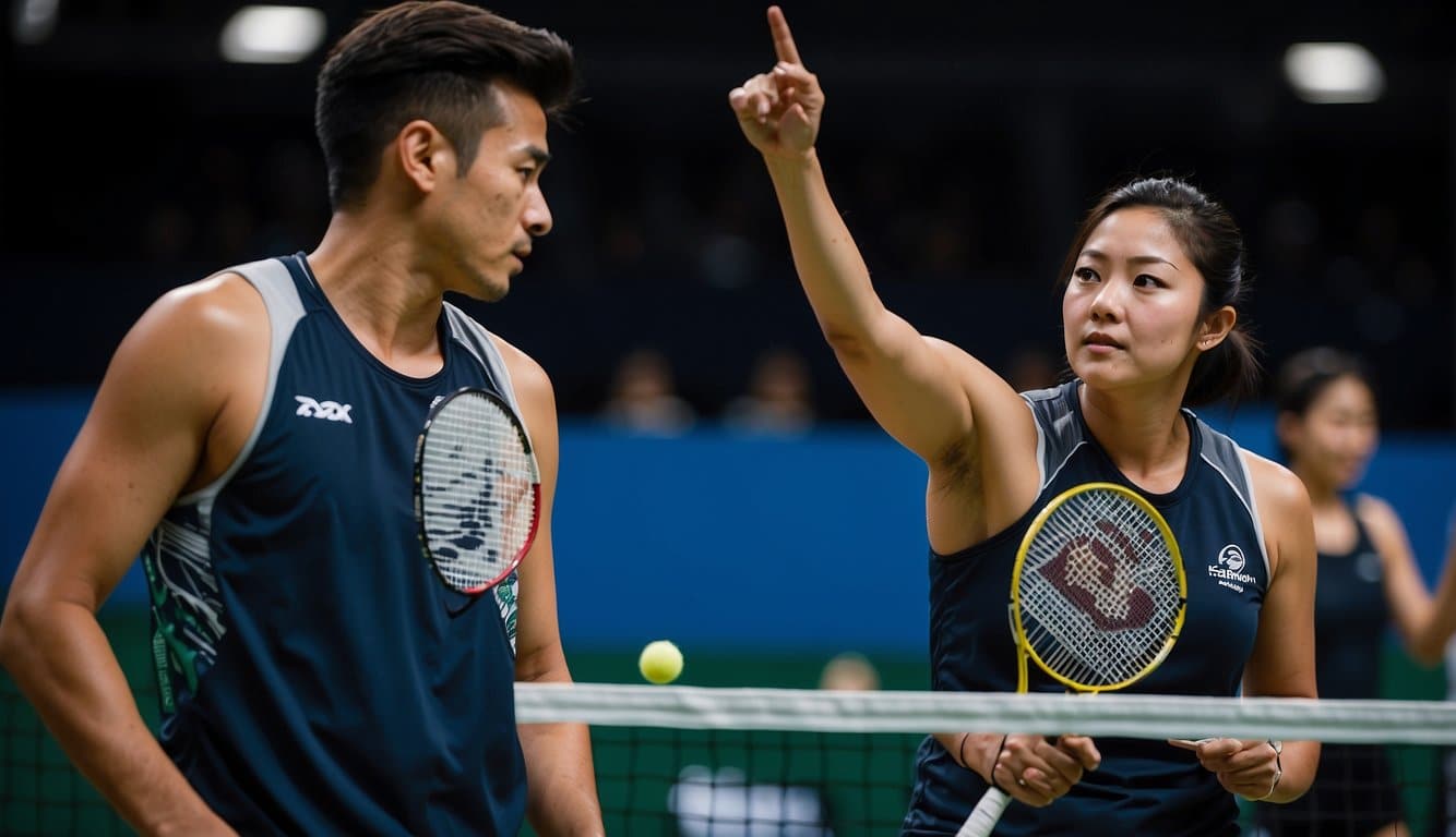 Two badminton players strategize on the court, communicating with hand signals and eye contact. The tension is palpable as they plan their next move